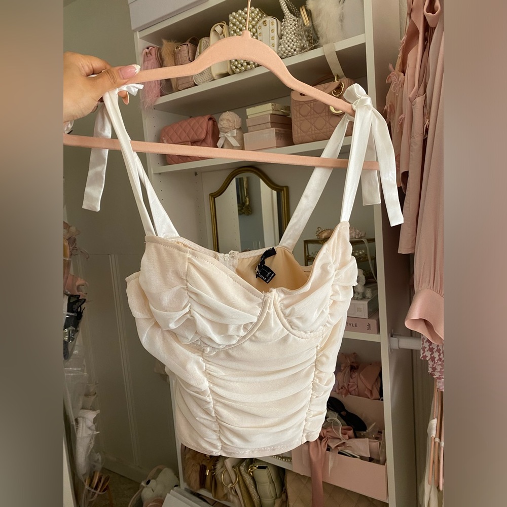 Self tie bow cream chiffon sweetheart top